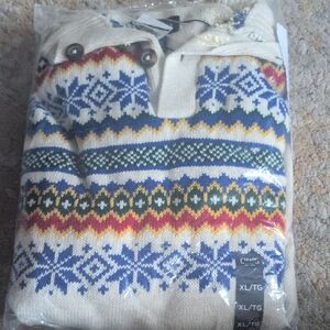 Chaps Nordic Pattern Zip-Up Sweater - Cream, Blue, Yellow, Green